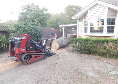 Compact track loader clearing cut logs from a property